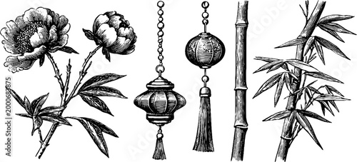 Vintage engraved chinese peony and bamboo botanical elements sheet for ornamental design and background use in decorative projects