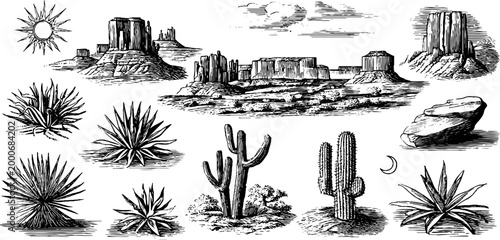 Vintage engraved desert rock formations cactus and agave collection with sun and moon elements for background patterns and western design use