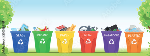  Set of garbage sorting containers arranged in a row for waste separation and recycling. Includes bins for metal, plastic, paper, organic waste, glass, and hazardous materials.  