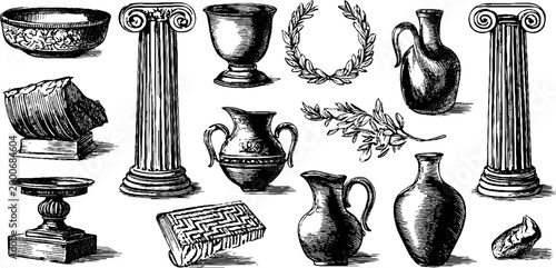 Vintage engraved greek pottery and meander border clipart sheet with columns laurel wreaths and ancient vessel drawings for design and background
