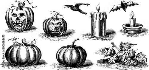 Vintage engraved halloween pumpkin and carving icons with candles bats and leaves for seasonal background and poster design