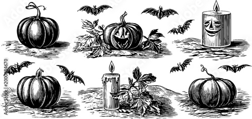 Vintage engraved halloween pumpkins candles and bats composition for seasonal banner background and poster design with carved motifs