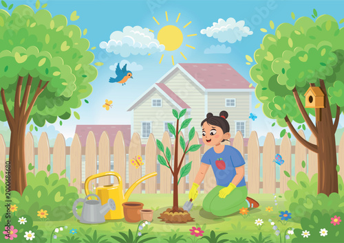 Young girl planting a tree sapling in a backyard garden. Child gardening outdoors near a wooden fence, with a house in the background.  