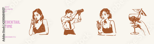 Cocktail bar people drinking alcohol party set. Woman with glass and bartender mixing drinks, hand holding cocktail. Illustrations for nightlife promotion and beverage menu in hand drawn sketch style.