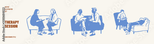 Psychotherapy consultation dialogue support people collection. Therapist and client sitting, sharing thoughts and emotions. Illustrations for emotional care in hand drawn sketch style.