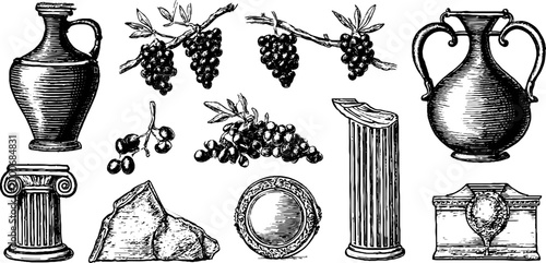 Vintage engraved italian amphorae and grape bunch clipart sheet with columns stones and medallion for design and pattern use