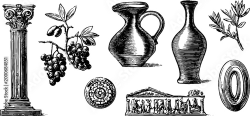 Vintage engraved italian amphorae and grape etching sheet for design and packaging decor with classical pottery motifs