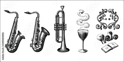 Vintage engraved jazz saxophones trumpet wine glass smoke and ornamental music elements sheet for poster background and branding design