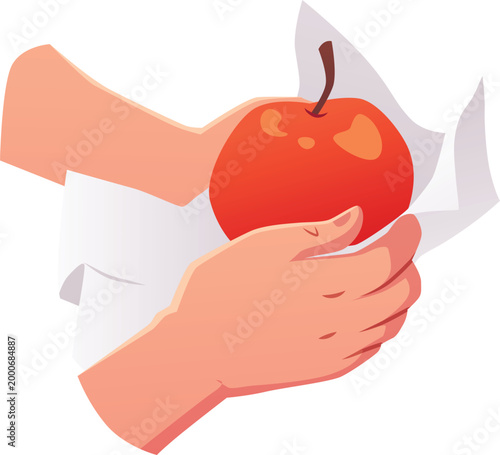 Wipe the apple with a napkin towel flat vector icon, cartoon hand towel, clean bath and kitchen hygiene cotton textile