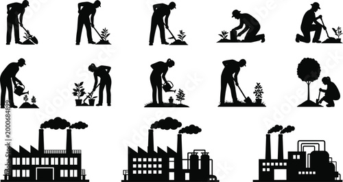 Gardening workers planting trees and industrial factories pollution contrast, environmental protection concept with human activity and manufacturing silhouettes vector illustration