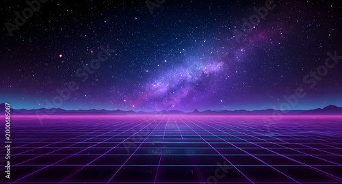 Retro synthwave background with glowing grid and starry sky, abstract futuristic landscape featuring neon mountain silhouettes and vibrant light effect