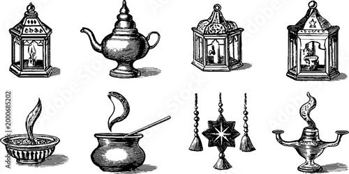 Vintage engraved sheet of moroccan lanterns teapot oil lamps and ceremonial burners for decorative background and banner design