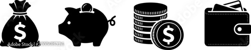 money finance icons with bag piggy bank coins and wallet on transparent background