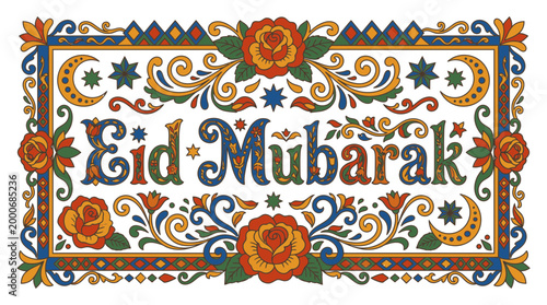 Vibrant Eid Mubarak Greeting Card Illustration with Community Celebration
