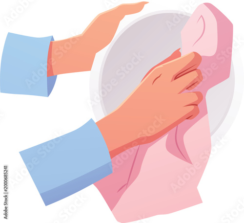 Hands wipe the plate with a towel, cartoon hand towel, clean bath cotton textile for kitchen vector flat illustration