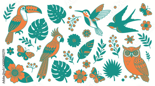 Vibrant Birds and Flowers in Harmonious Nature Scene Illustration