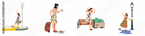 Flat vector illustration set of a young woman traveler in floral dresses experiencing various city situations like hailing a taxi and reading maps.