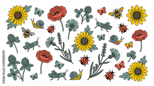 Vibrant Summer Flowers and Insects Dancing in a Lively Garden Environment