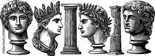 Vintage engraved sheet of roman portrait busts and columns for classical banner and antique design background with laurel motifs