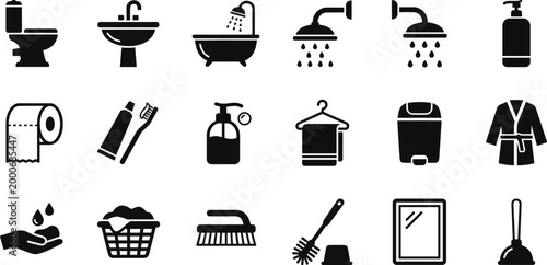 bathroom and hygiene icons set with toilet sink shower and accessories on transparent background