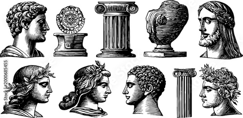 Vintage engraved sheet of roman busts and coin medallions for classical design background and historical poster or banner use