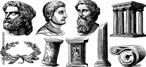 Vintage engraved collection of roman heads, columns and laurel wreaths for antique design backgrounds, poster banners and historical decor