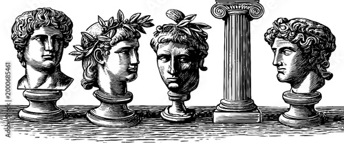Vintage engraved display of roman head busts and architectural columns for historical background and poster design with marble texture