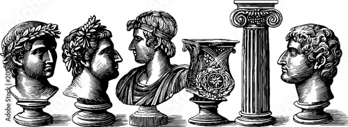 Vintage engraved roman busts and ornamental column clipart sheet featuring laurel crowned heads and vase medallion details for editorial design, poster, printable surface and craft use