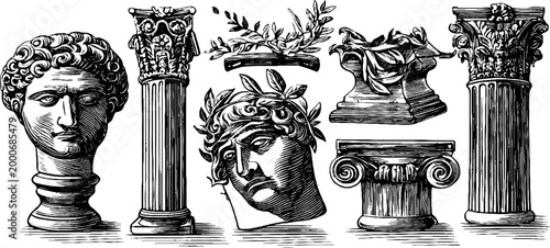Vintage engraved roman busts and classical column clipart sheet with laurel crowns and decorative capitals for historical design, poster, printable background and craft projects