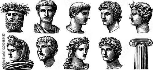 Vintage engraved sheet of roman busts and classical capitals with laurels and draped figures for historical design, poster, printable background, heritage branding and craft projects