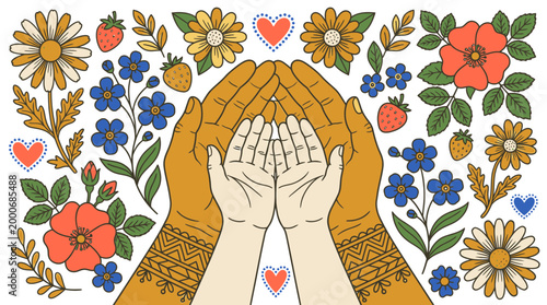 Hands holding flowers and hearts, expressing love and care, in a warm and affectionate scene, with colorful blooms, and gentle touch, from a heartfelt viewpoint