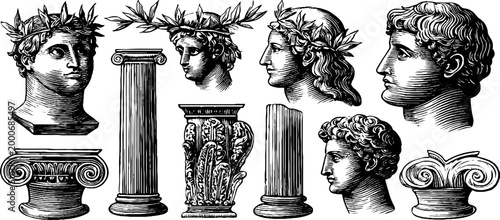 Vintage engraved roman head and classical column clipart sheet with laurel wreaths and carved capitals for classical design, poster, printable background and restoration themed craft projects