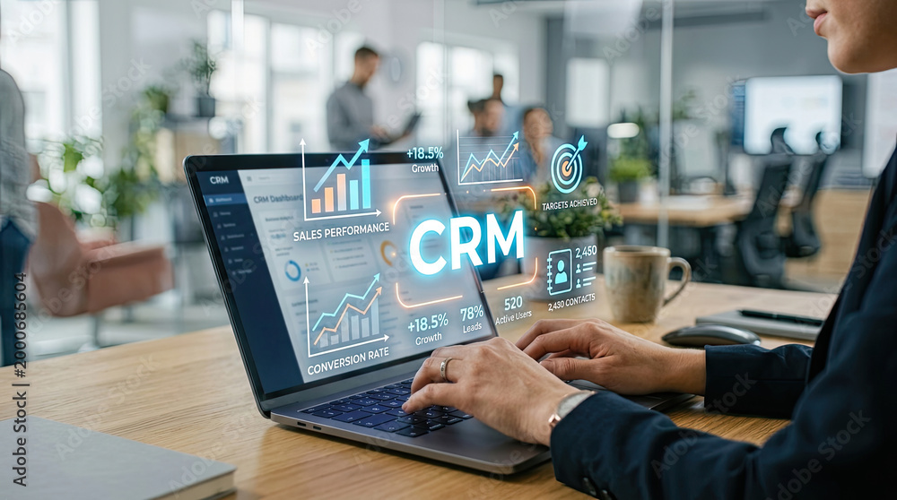 Fototapeta premium A professional analyzes CRM data on a laptop, showcasing growth and performance metrics in a modern office setting.