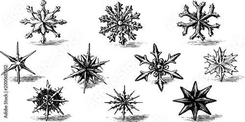 Assorted vintage engraved snowflakes and ice crystals clipart sheet with decorative winter ornaments for holiday design background