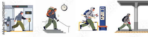 Flat vector illustration set of a young man commuting, walking, and running through a modern subway or train station environment.
