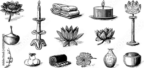 Vintage engraved spa wellness branding elements with lotus candles towels stones oils and aromatherapy items sheet for spa logo packaging and background design