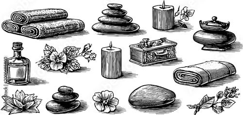 Vintage engraved spa towels candles stones flowers jars and boxes clipart sheet for wellness background and packaging design