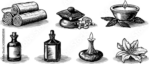 Vintage engraved spa towels bottles candles lotus and jars clipart sheet for wellness background and branding design