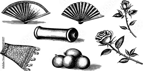 Vintage engraved spanish hand fans roses oranges shawl and textile elements sheet for flamenco cultural poster background and traditional design