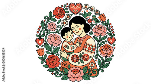 Mother Cradles Child Surrounded Flowers Hearts Illustration