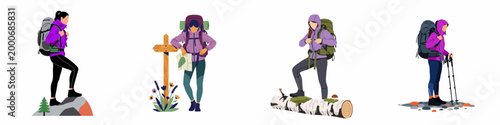 Set of flat vector illustrations of female hikers with backpacks, maps, and trekking poles on various outdoor terrains, white background.