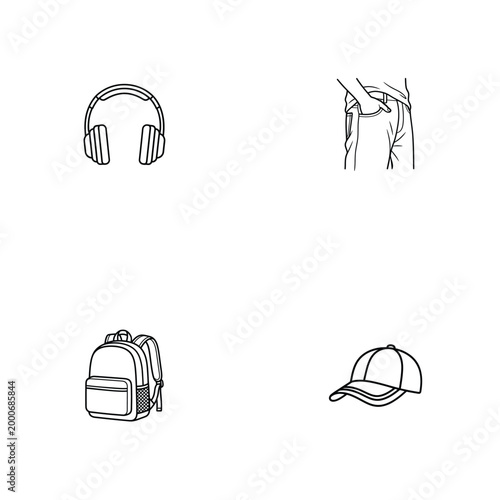 Streetwear accessories and youth lifestyle line art icons set featuring headphones backpack and cap.