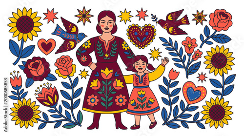 Celebratory Mother Daughter Illustration Surrounded Flowers Sunshine