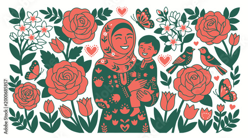 Woman cradling child surrounded flowers outdoor environment illustration