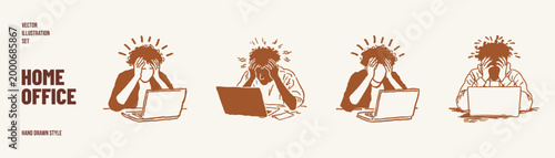 Stressed freelancer working on laptop at home office. Person holding head with overload emotions, burnout concept. Illustrations for remote work and mental health in hand drawn sketch style.