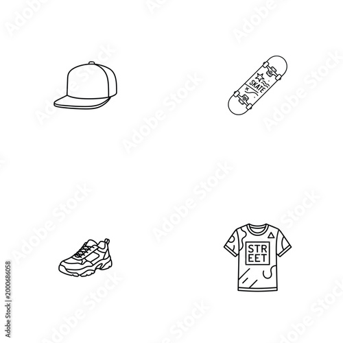 Streetwear and skate culture line art icons set featuring cap skateboard sneaker and t-shirt.