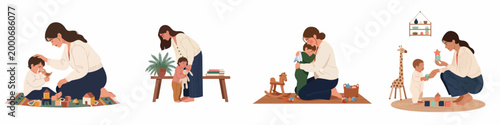 Illustrations of a caring mother comforting and playing with her crying or sad toddler in various indoor home settings.
