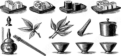 Vintage engraved sushi elements and tea bowl assortment with chopsticks leaves and serving dishes for menu background and packaging design