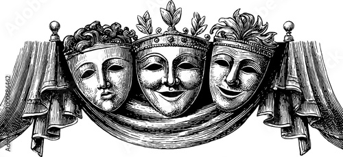 Vintage engraved trio of theatrical masks with draped curtain and crown ornament for classical banner background and stage design
