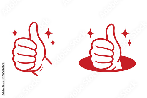 Thumbs up hand gesture icons in red line art for success and approval.